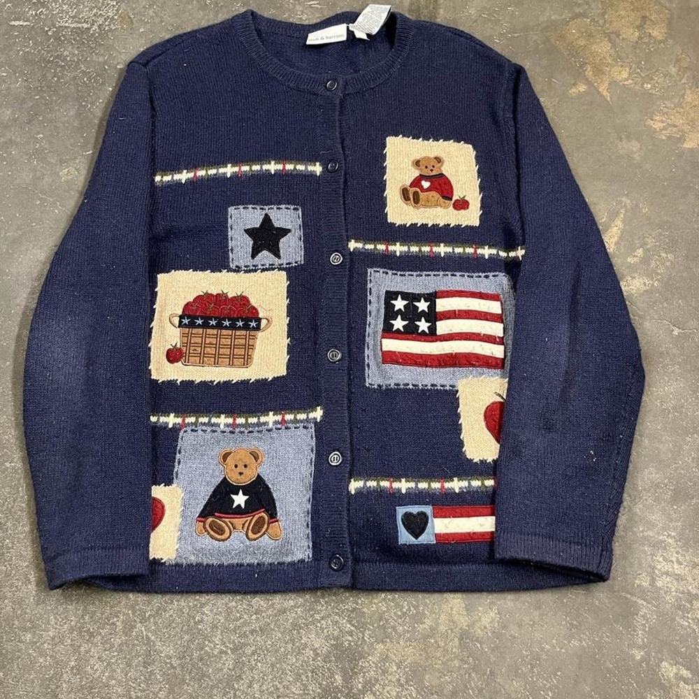 Vintage Croft & Barrow Polo Bear Knit Cardigan Navy Blue USA Flag Large 90s